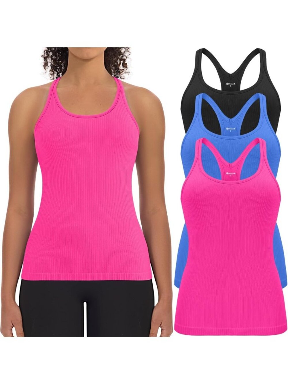 3 Pack Women's Workout Tank Tops with Built-In Bra & Ribbed Design - Activewear